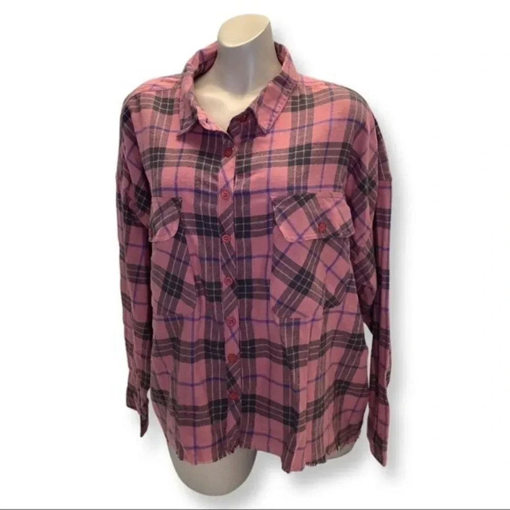 Wine Size 1X Crop Flannel Fringe Trim Button Down Top. New With Tags